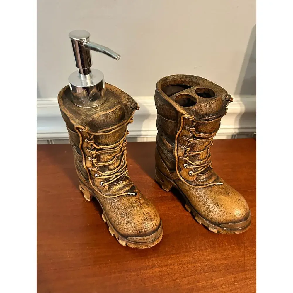 Vintage Western Cowboy Boot Soap Dispenser Toothbrush Holder Set Rustic
